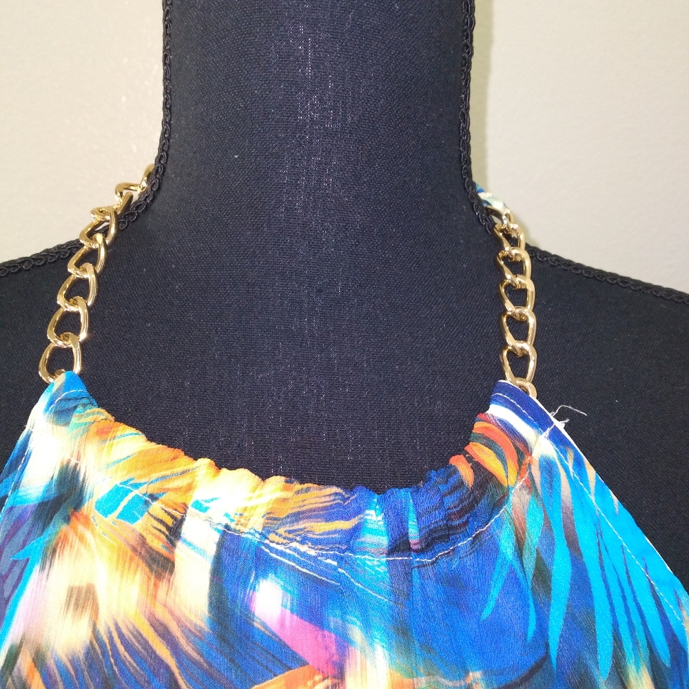 Tropical Vibrant Multi Colored Cutout Chain Link Maxi Halter Dress- Size Large - Picture 6 of 12